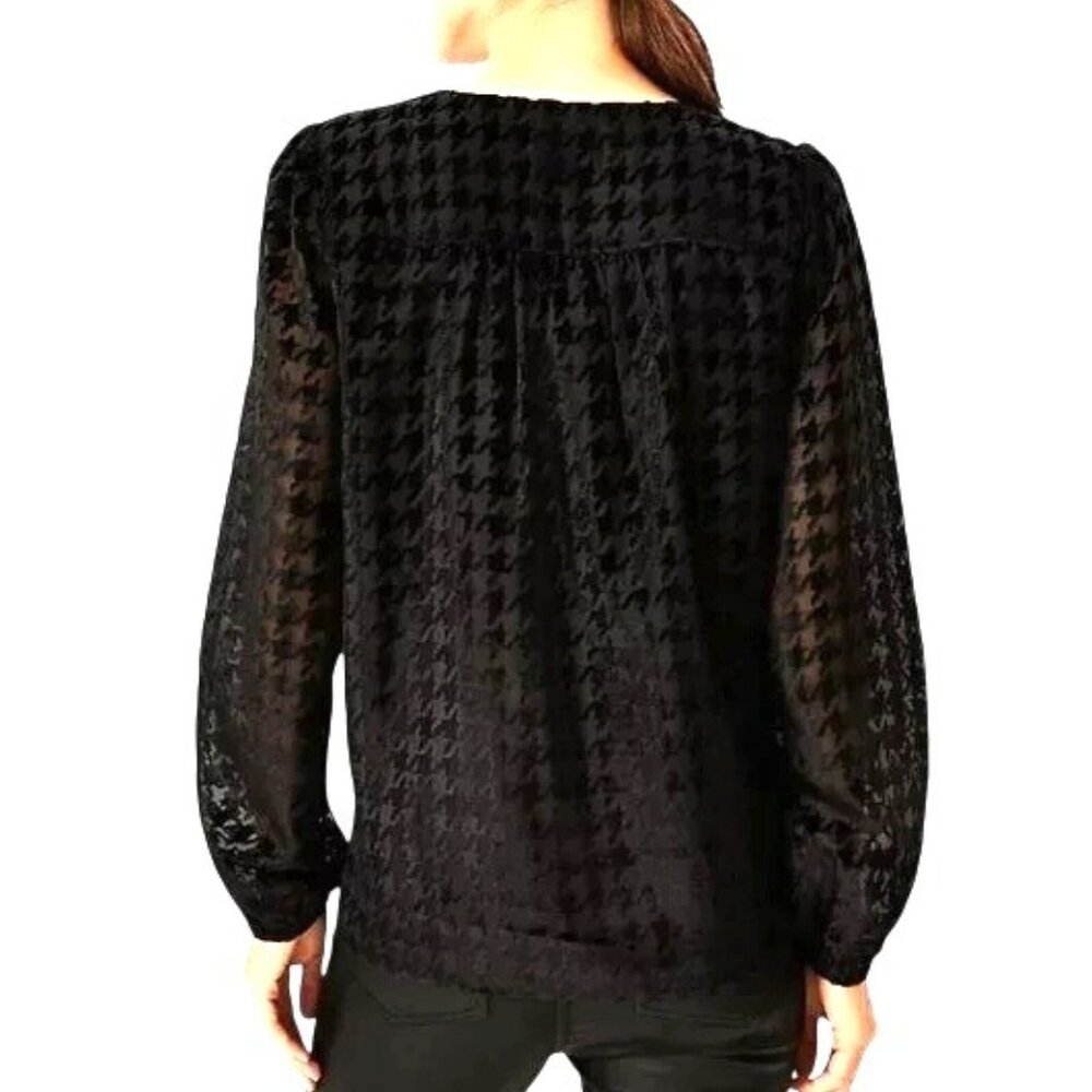 Ann taylor Houndtooth Blouse Black XL sheer Sleeve - Picture 2 of 10